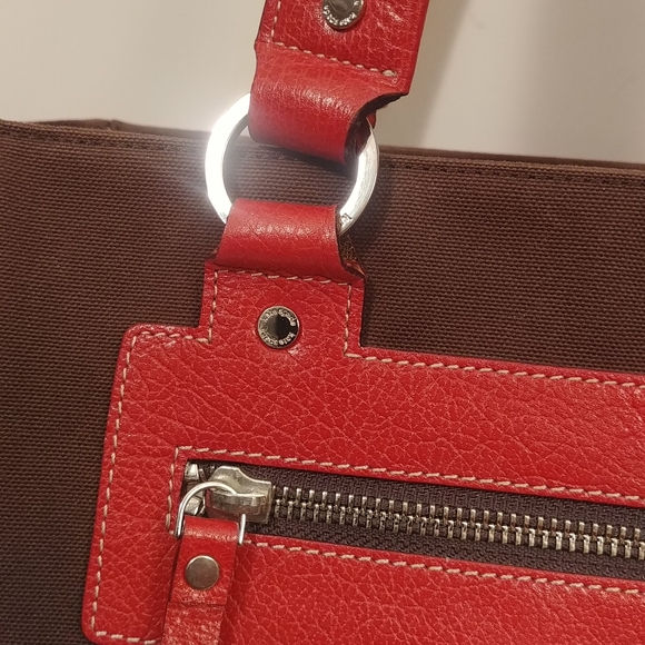 Kate Spade NY brown canvas tote red leather trim - Picture 2 of 8